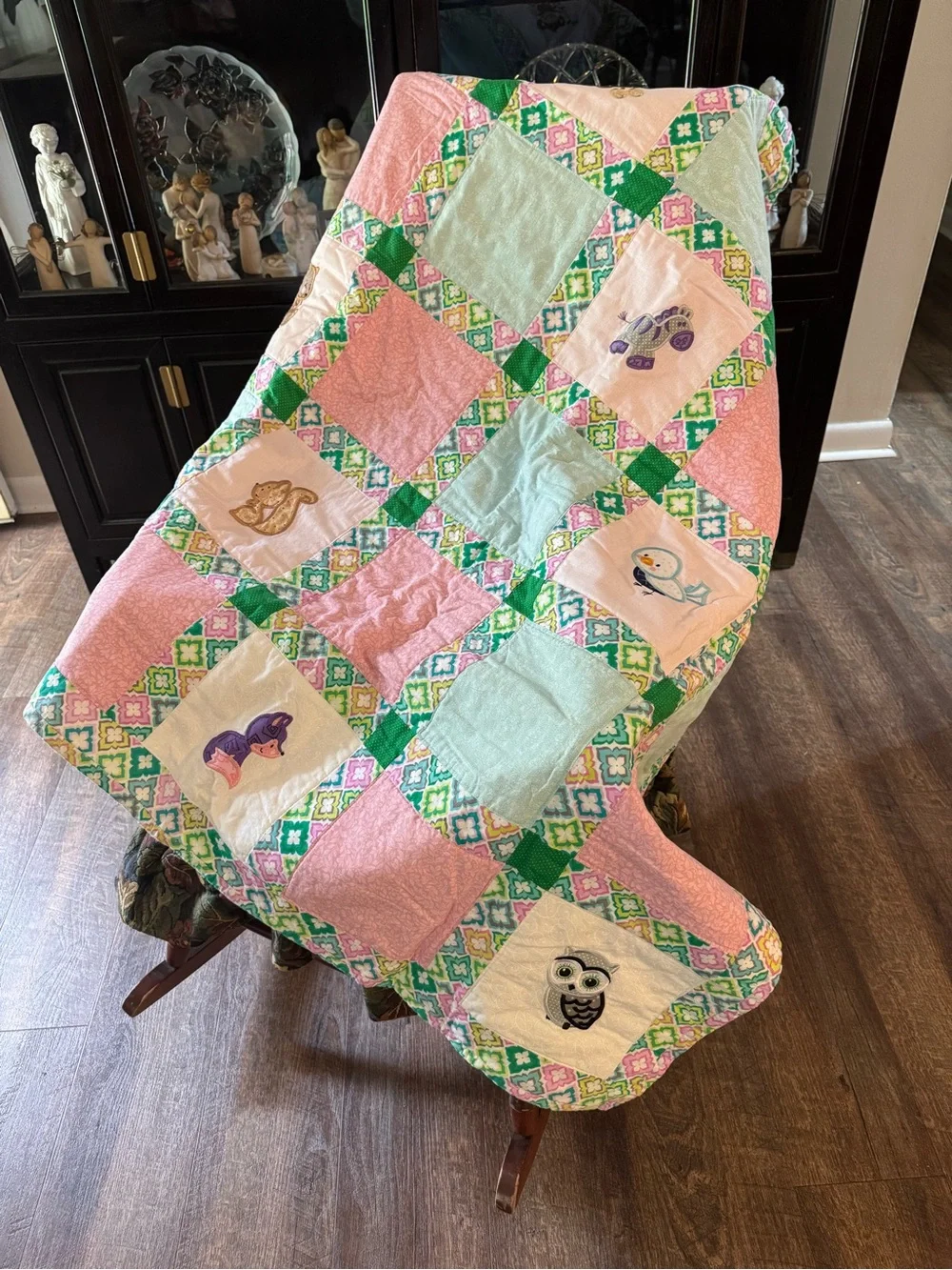 Handmade Pastel Patchwork Baby Quilt with Animal Appliqués - Pink & Mint